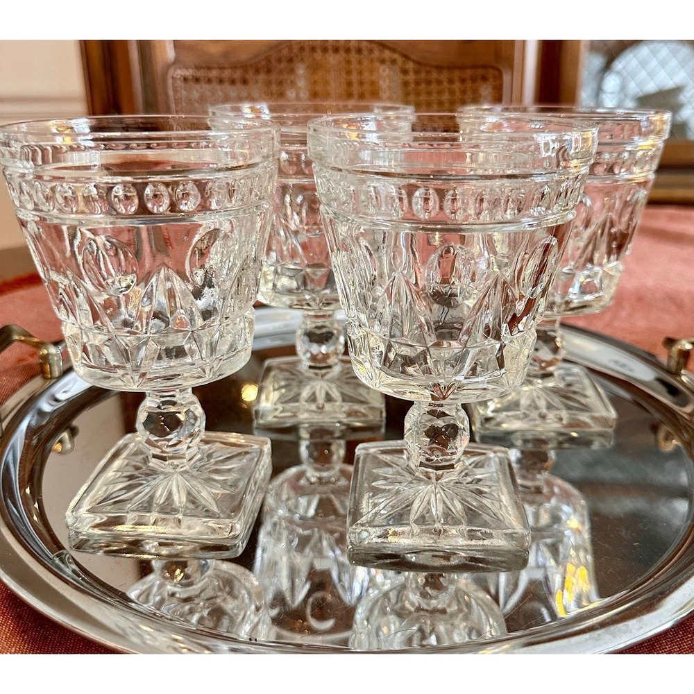 Vintage Pressed Glass Cordial Glasses Set 4 Diamond Thumbprint Square Base Clear